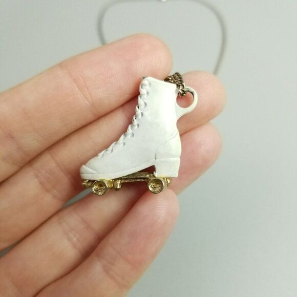 Vintage Roller Skate Pendant Necklace, White Enamel, Retro Style, Estate - Picture 1 of 9